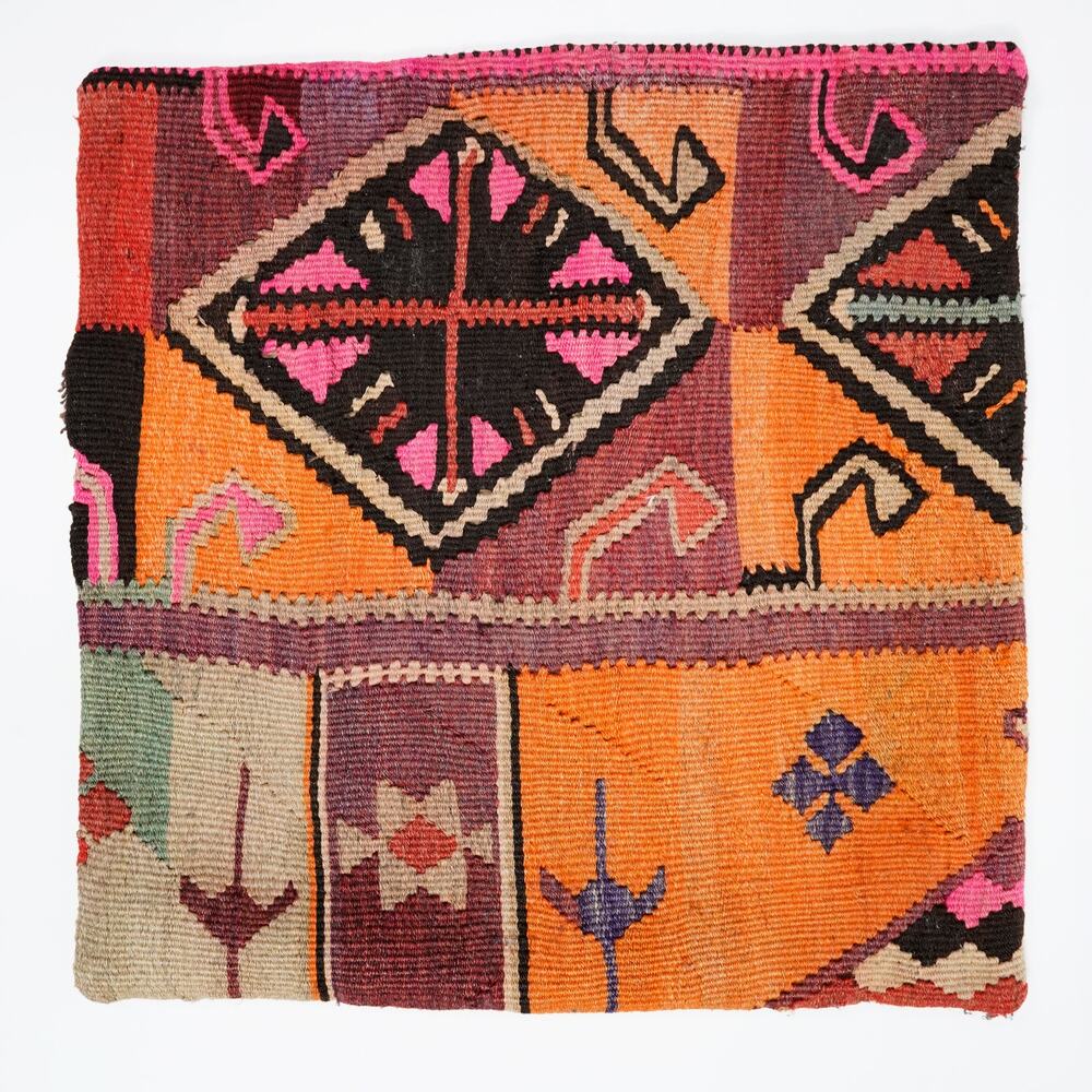 Handwoven Vintage Turkish Kilim Pillow Cover 20x20 Wool Geometric Boho Rug